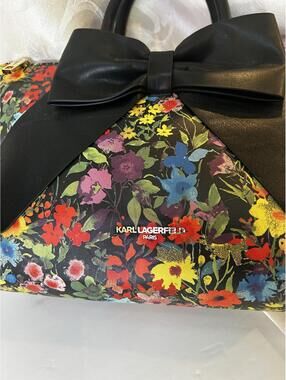 Karl Lagerfeld Paris Floral Cottage Core Print Handbag with Black Bow Accent
